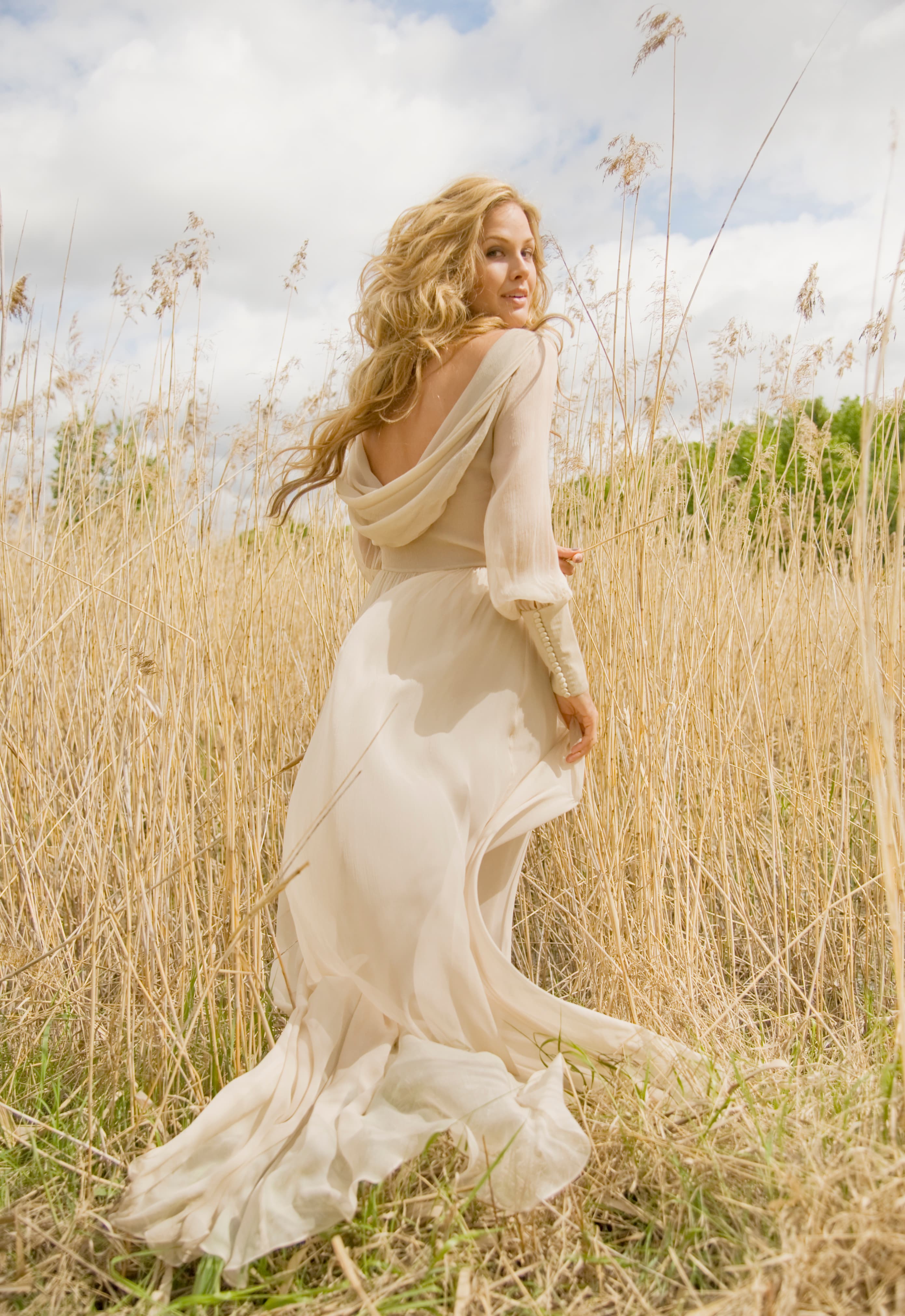 Sustainable bridal gown Peace silk chiffon wedding dress, draped back, high boat neckline 